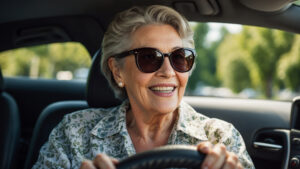 Happy senior woman driving a vehicle, enjoying a ride. Active life for elderly adults.