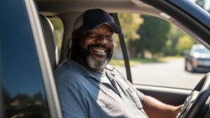 Middle - aged African - American man with a beard driving a pickup truck looking at camera