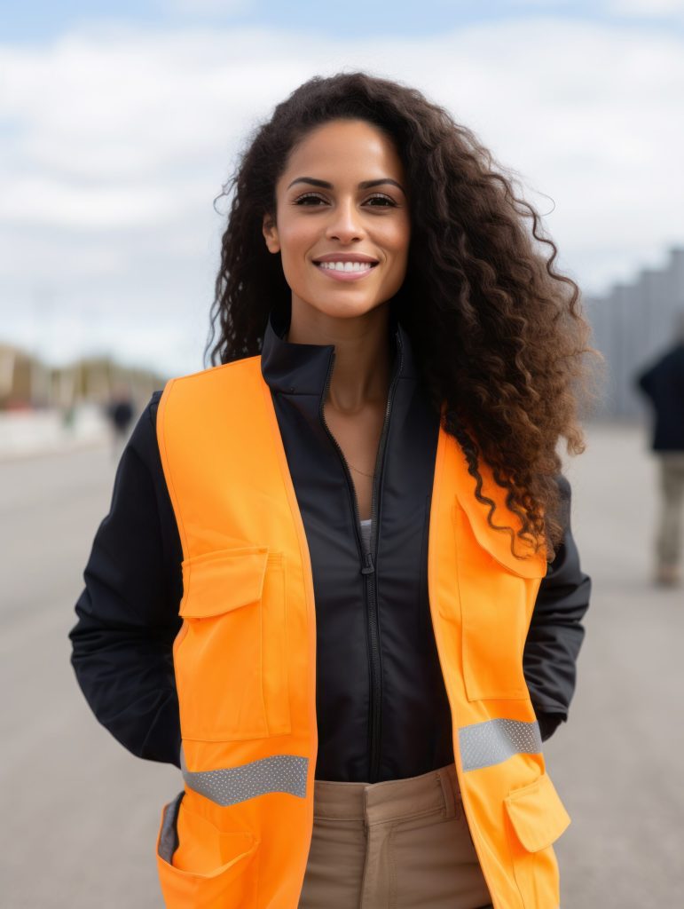A woman with curly hair, wearing a bright orange safety vest over a black jacket, stands outdoors and smiles confidently. The background is slightly blurred, showing an open area and a cloudy sky.