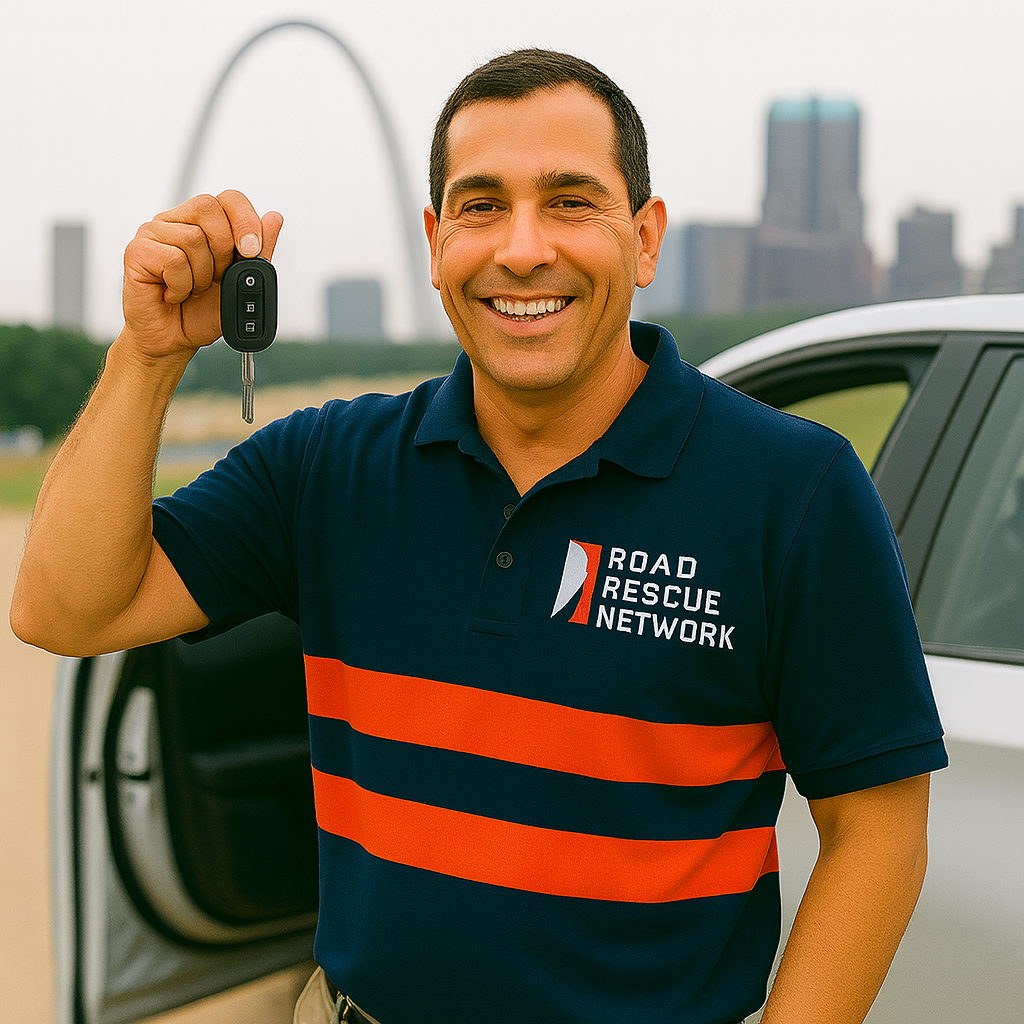 Rescuer holding up a key while taking a picture adter unlocking a car door.