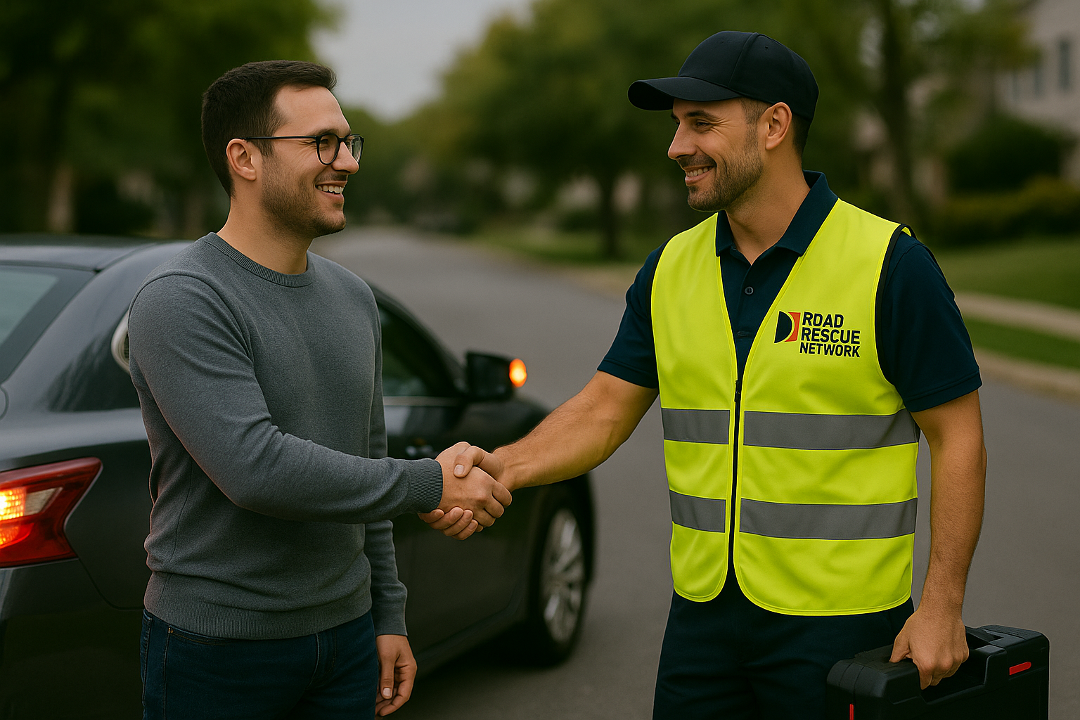 Rescuer shaking the hands of a customer after performing a roadside assistance job