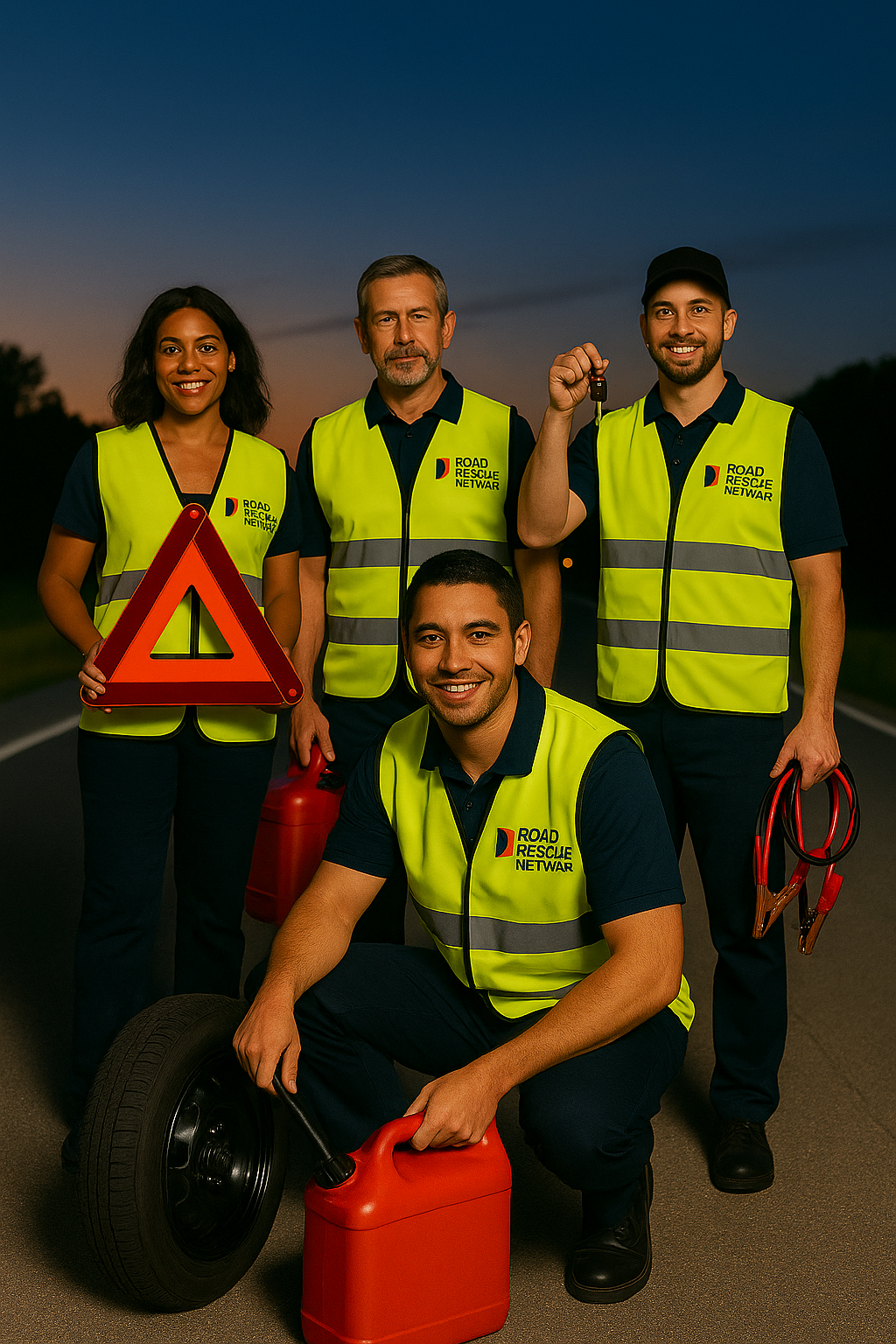 Four diverse Road Rescue Network roadside assistance professionals stand on a quiet highway at dusk wearing reflective vests. One holds jumper cables, another holds a red warning triangle, with a soft orange sky and trees in the background.