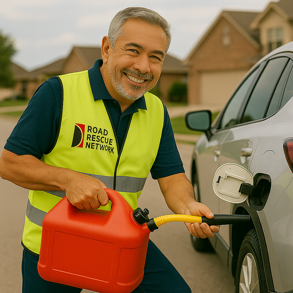 Professional roadside assistance being provided delivering gas to a customer at their home.