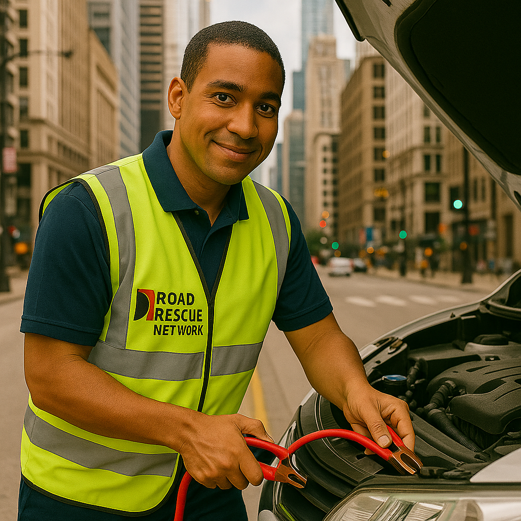 Rescuer providing jumpstart service on a car 