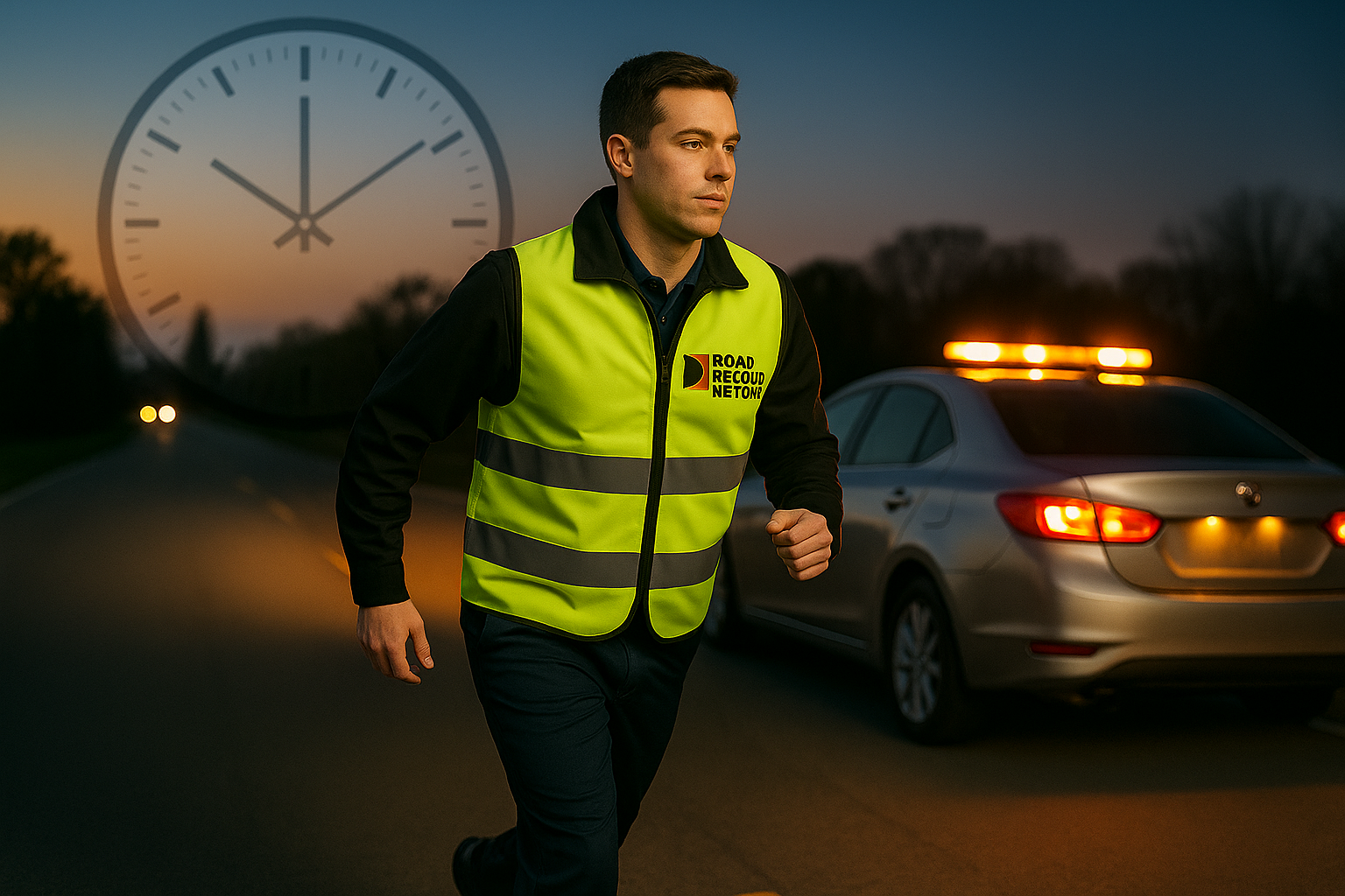 A man in a reflective vest runs on a road at dusk near a car with flashing lights; a large clock is superimposed in the background, symbolizing urgency.