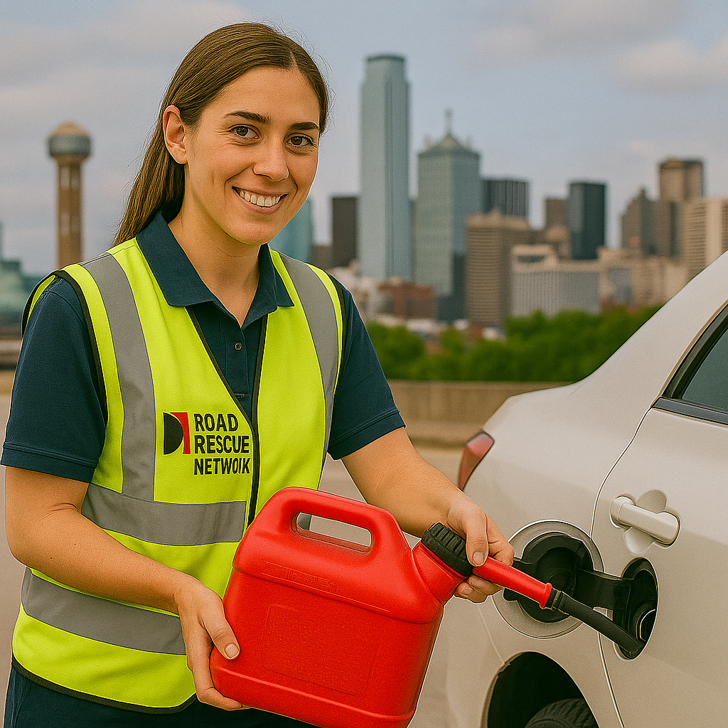 Roadside assistance rescuer providing a fuel delivery in Dallas Texas