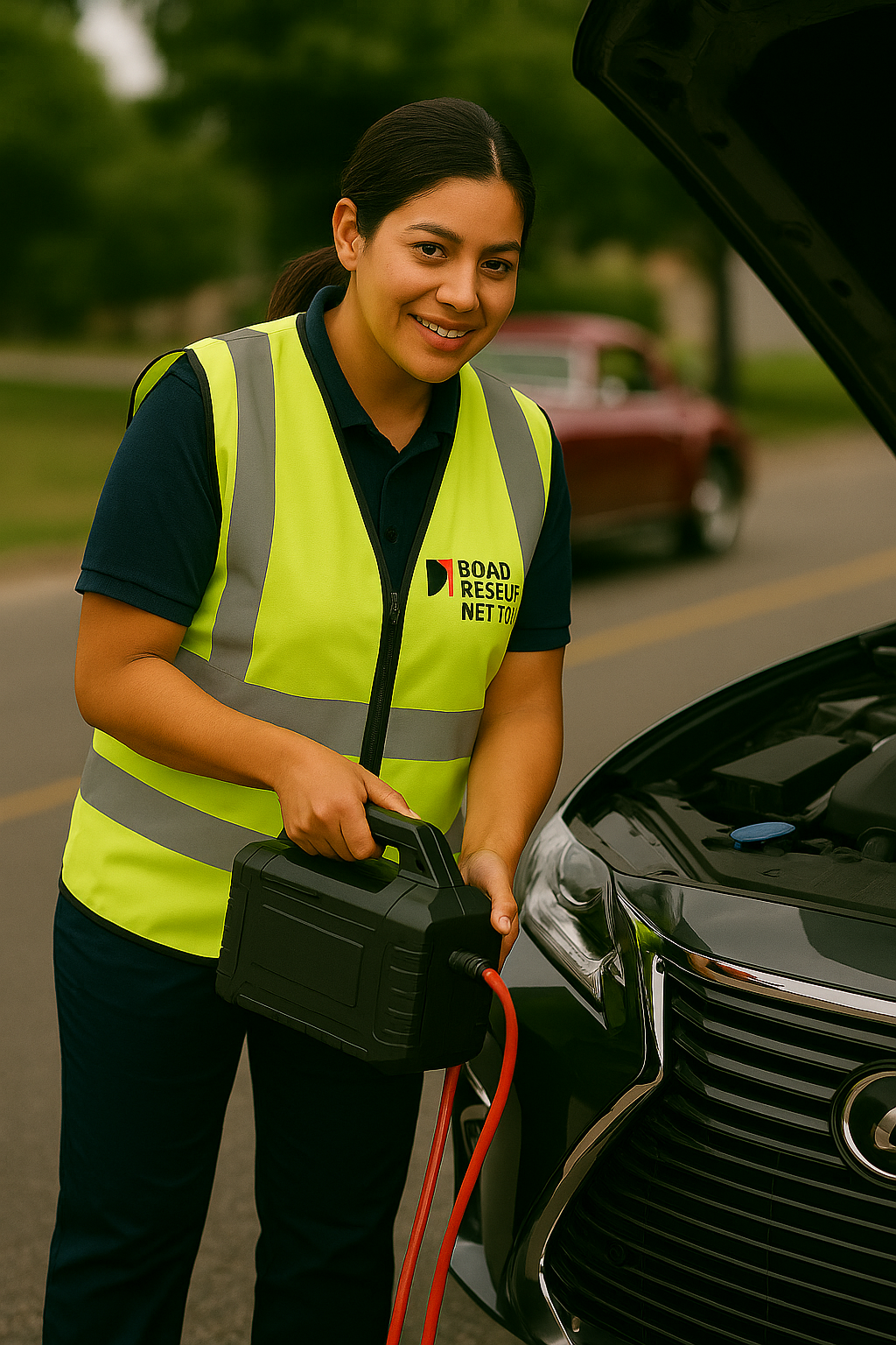 A smiling woman in a high-visibility vest holds a jump starter pack beside a car with its hood open, preparing to jump-start the vehicle on the roadside.