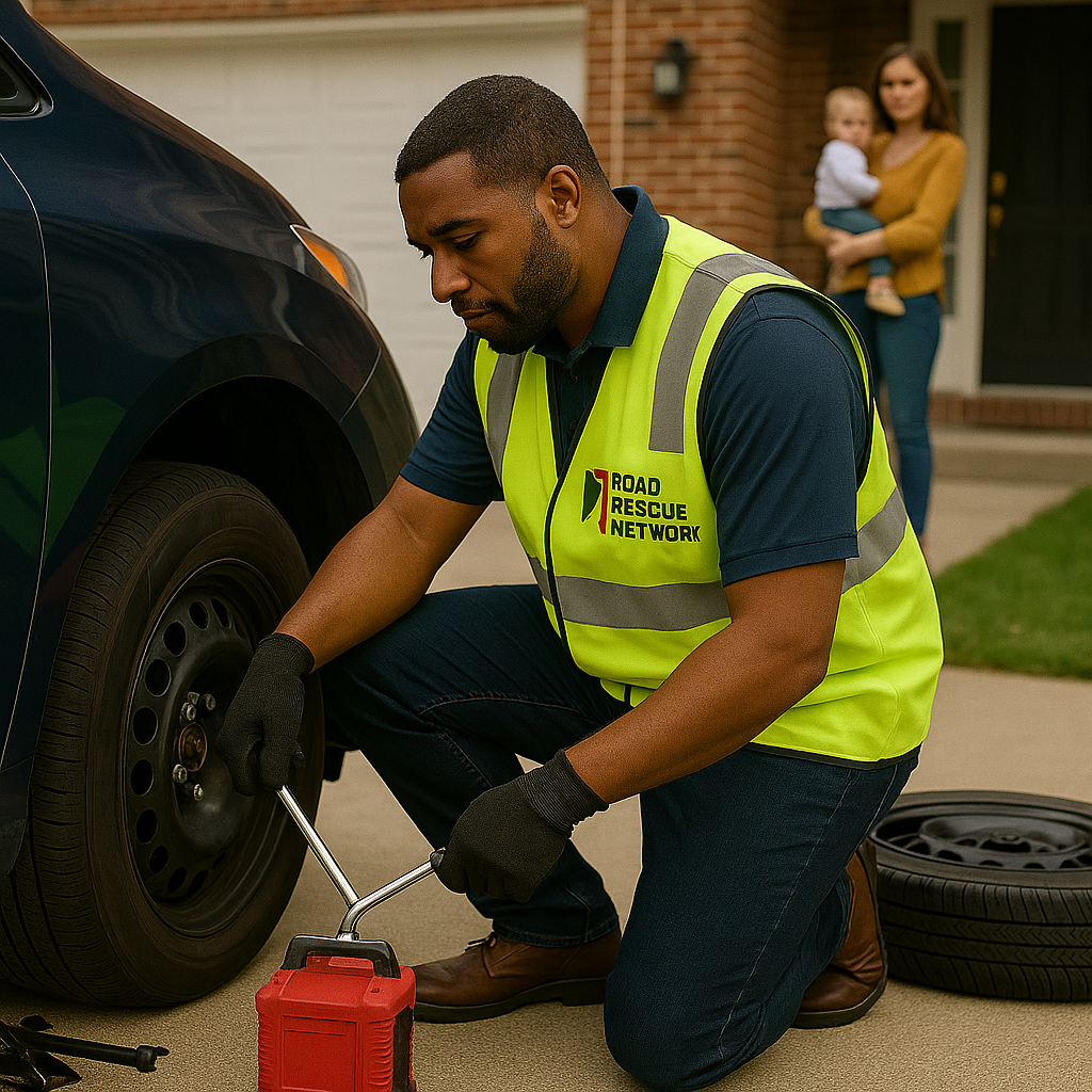 Rescuer providing a tire change while customer is waiting with her baby