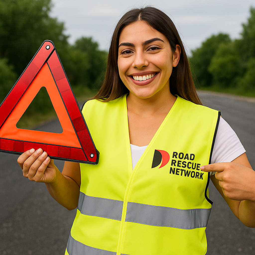 Rescuer holding reflective triangle