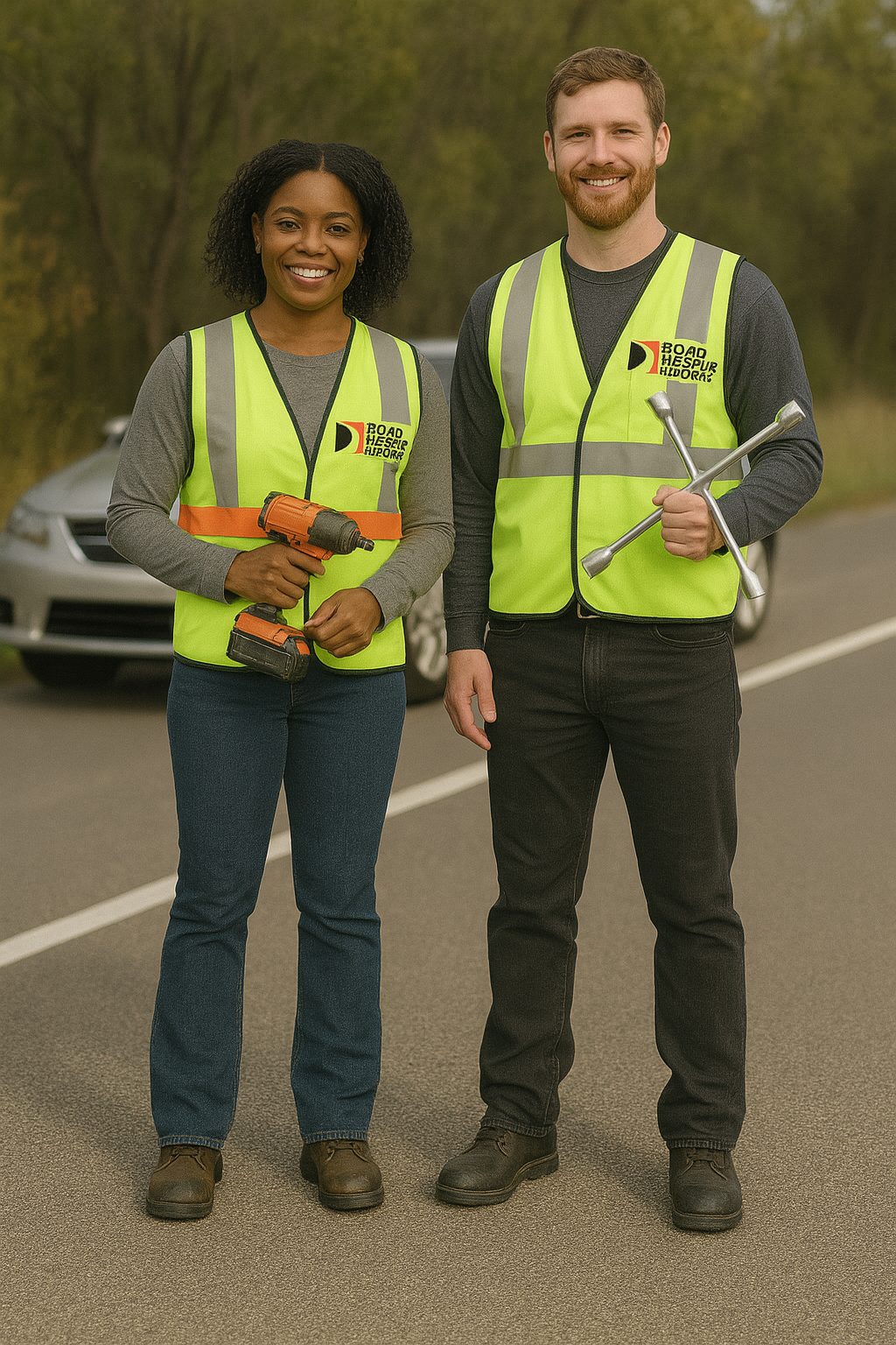 Tire Rescuers male and female with tire changing equipment