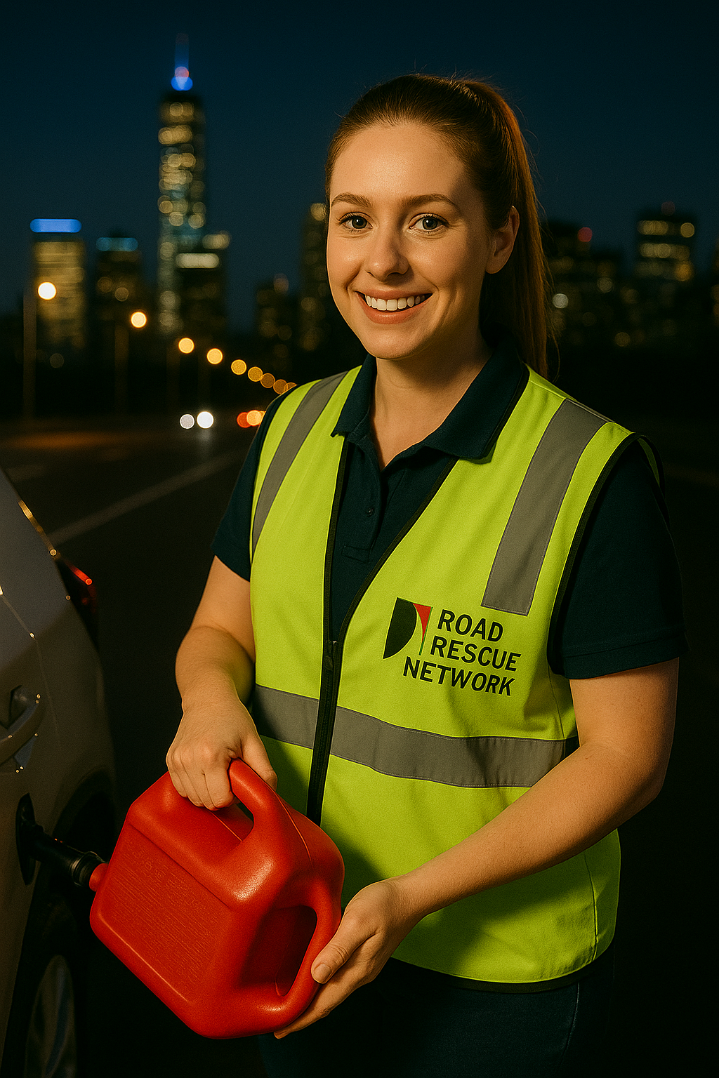 Female rescuer delivering fuel at night