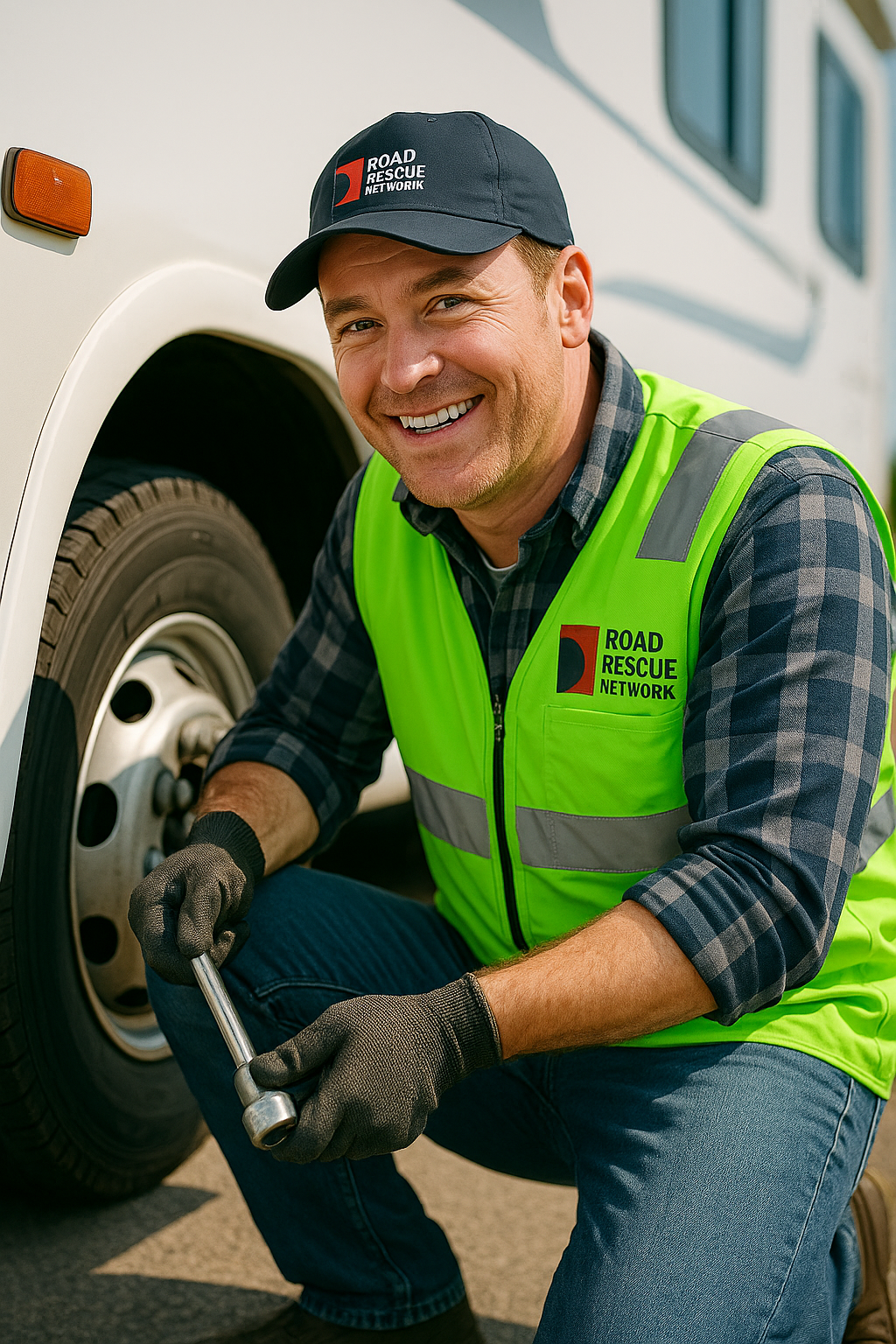 Mobile Tire Mechanic smiling in front of a rv tire