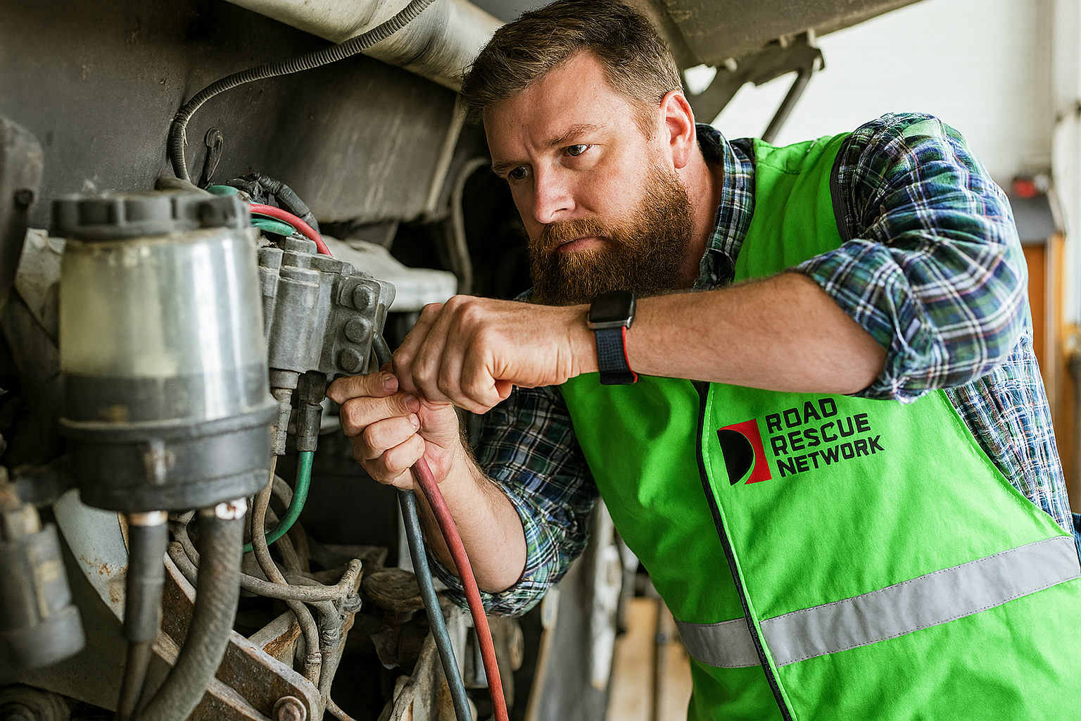 Semi truck mechanic performing a road call.