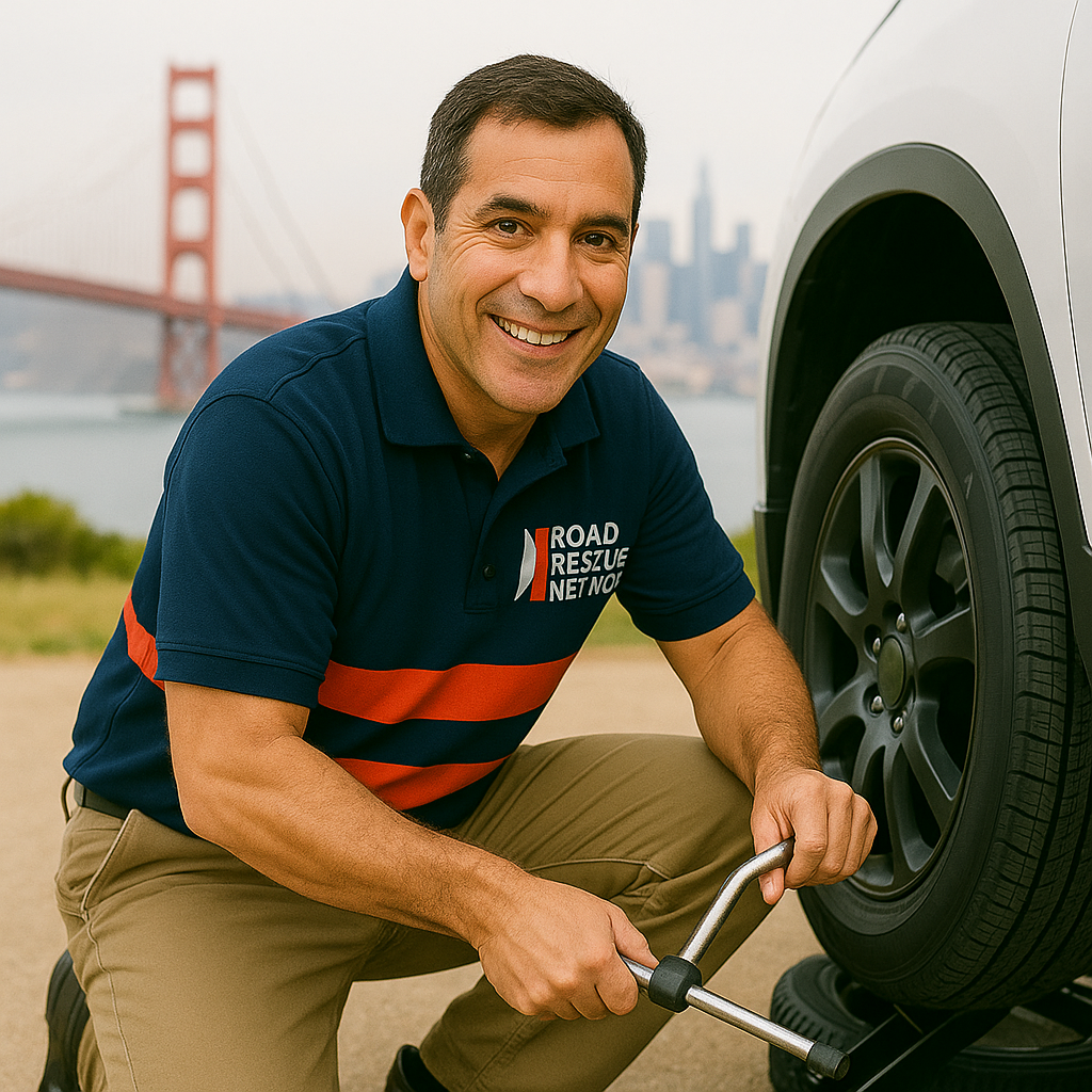 Male rescuer providing tire change service