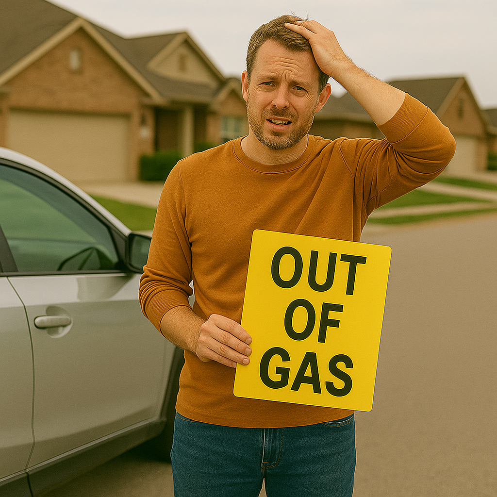 Man holding out of gas sign