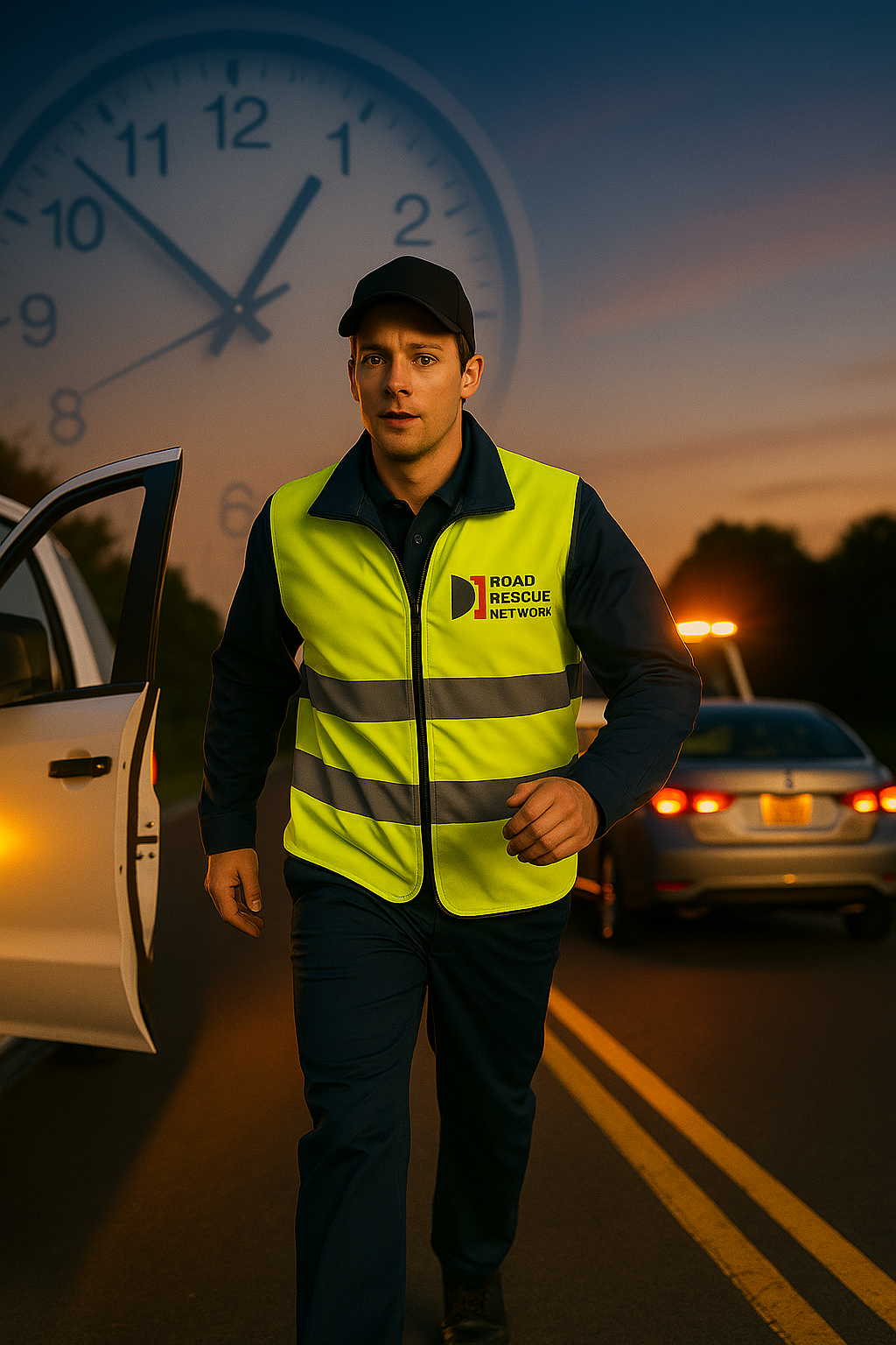 Rescuer running to assist a customer needing emergency roadside assistance