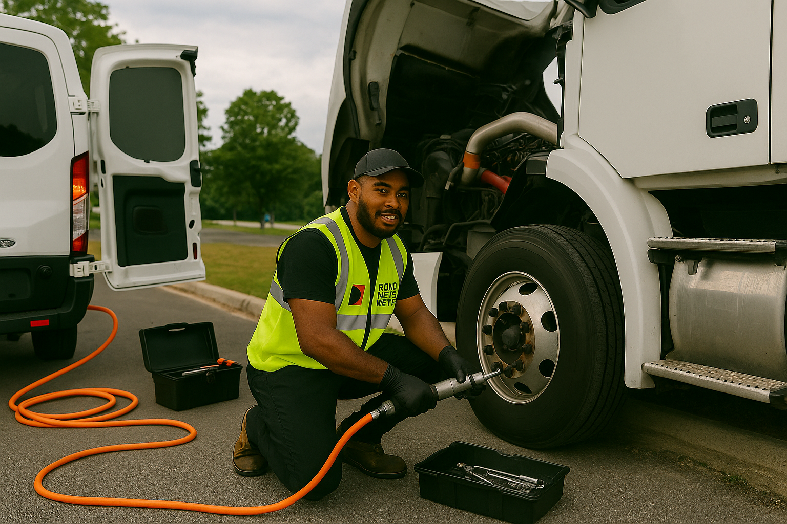 Semi truck tire mechanic. performing roadside assistance