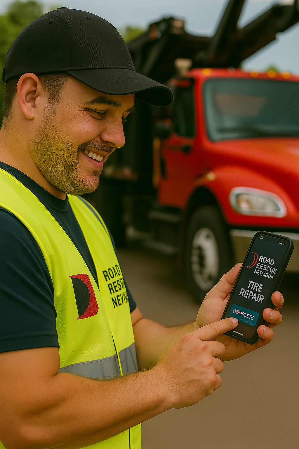 Mobile tire technician checking phone