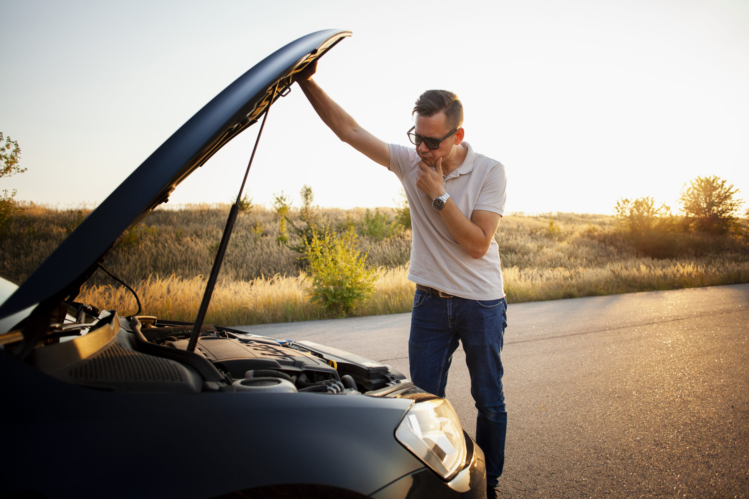 Young man checking car for jumpstart