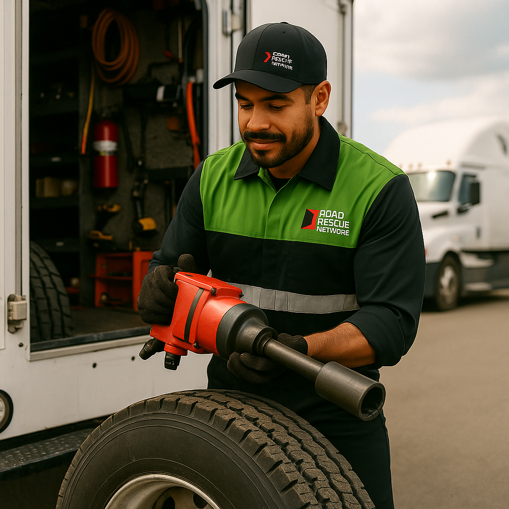 A mechanic in a green and black uniform uses a power tool to work on a truck tire next to a service vehicle. The man is wearing a cap, and a white truck is parked in the background.