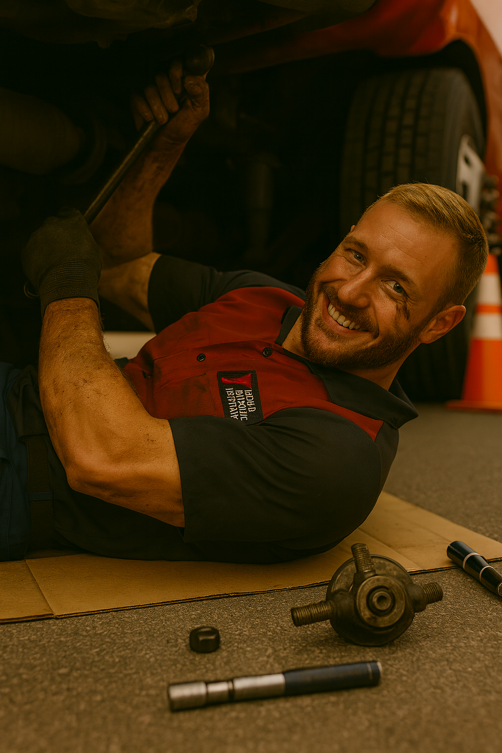 Diesel mechanic working on a ujoint under a truck.