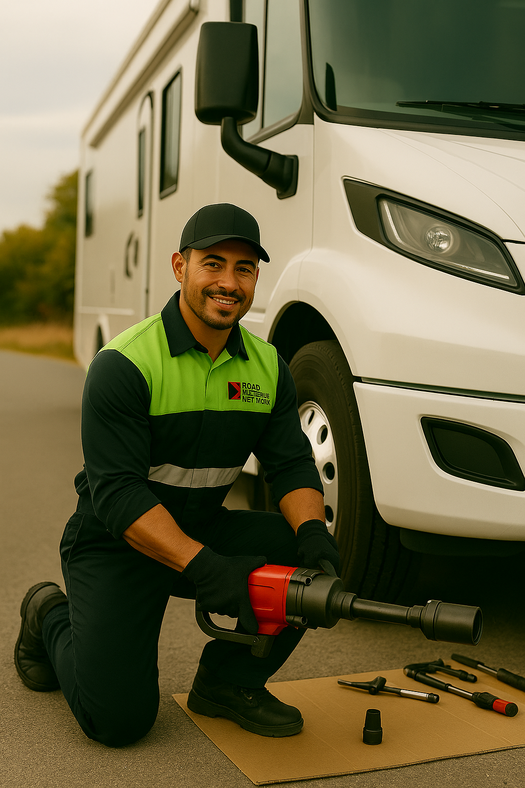 A smiling mechanic in a uniform kneels beside a white van, holding a power tool, with various tools laid out on cardboard by the front wheel.