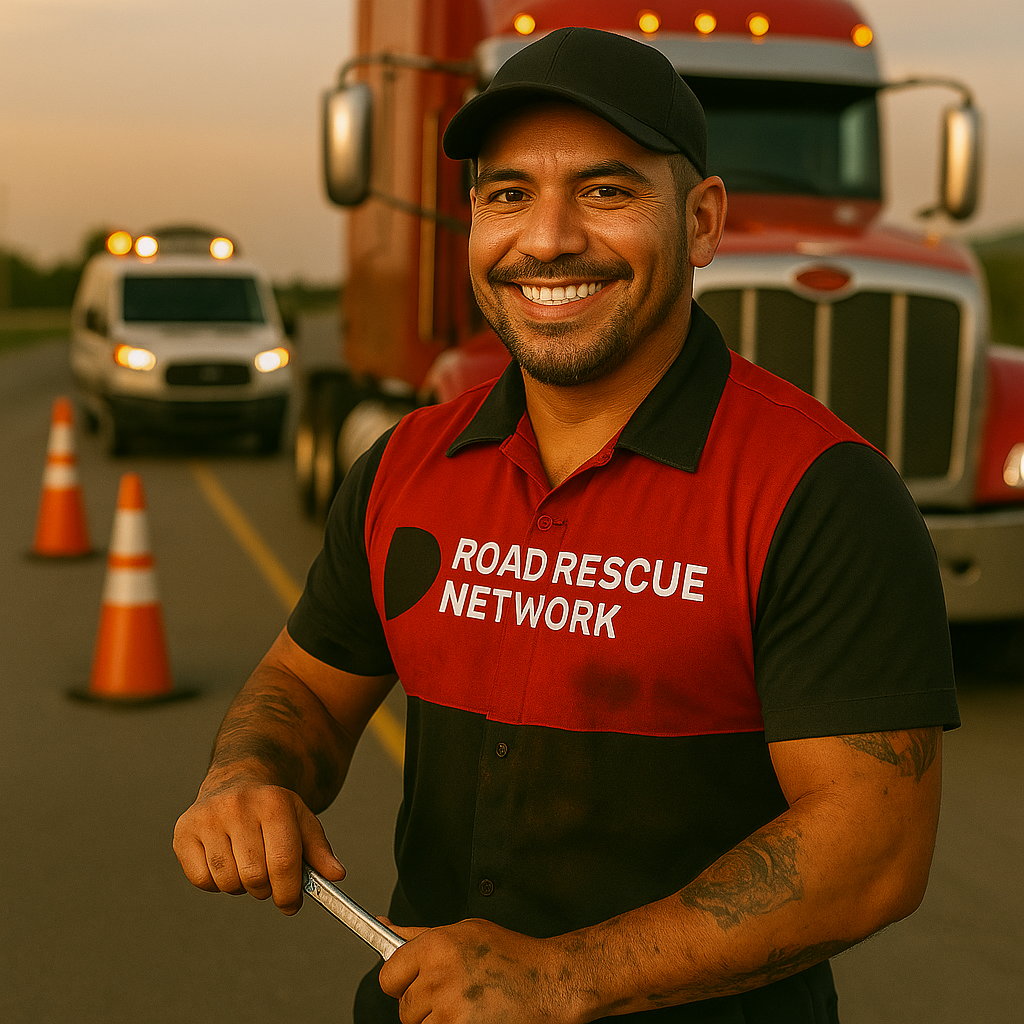 Diesel Technician providing semi repair on the highway.
