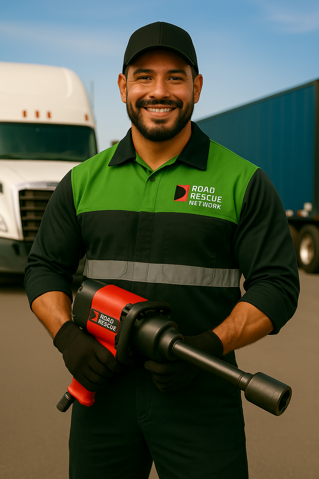 A smiling mechanic in a green and black Road Rescue Network uniform holds a power tool, standing outdoors near trucks on a sunny day.