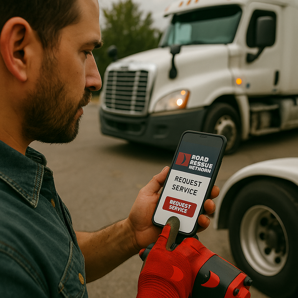 A man in work gloves holds a phone displaying a Road Rescue Network app with options to request service, standing near a large white semi-truck on a road.