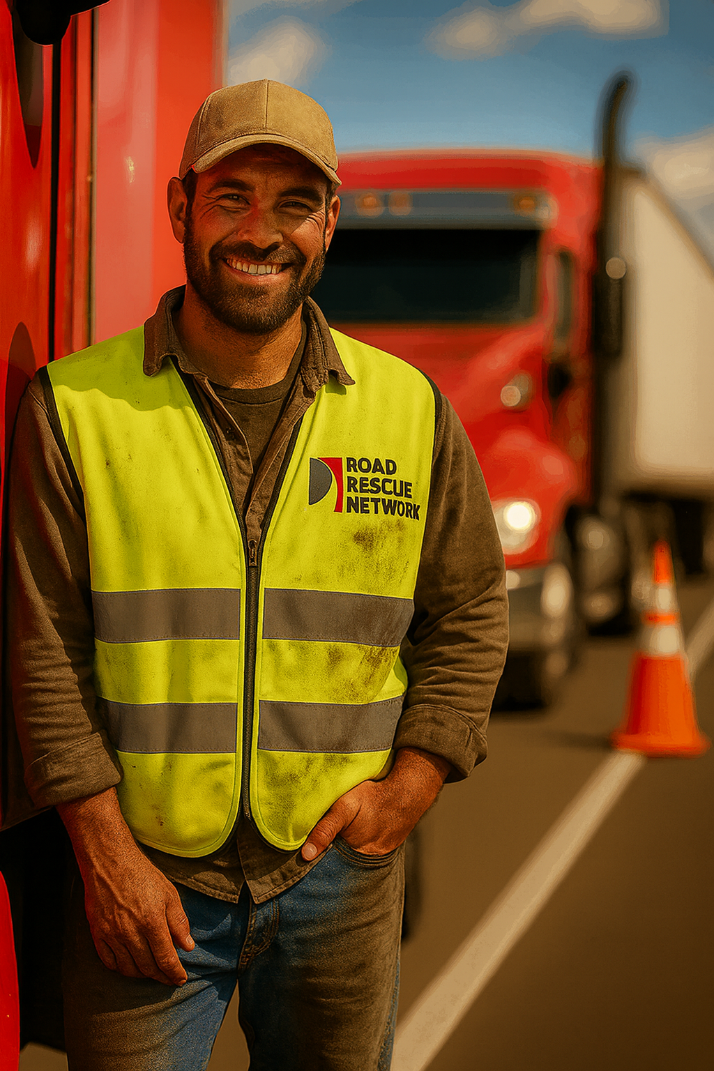 A smiling man in a yellow Road Rescue Network safety vest and cap stands by a red truck on a road, with an orange traffic cone and another truck visible in the background.