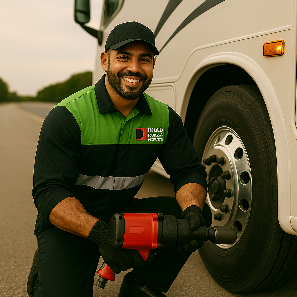 A smiling roadside mechanic in uniform kneels by a large vehicle tire, holding a power tool, as he prepares to perform maintenance on the roadside.