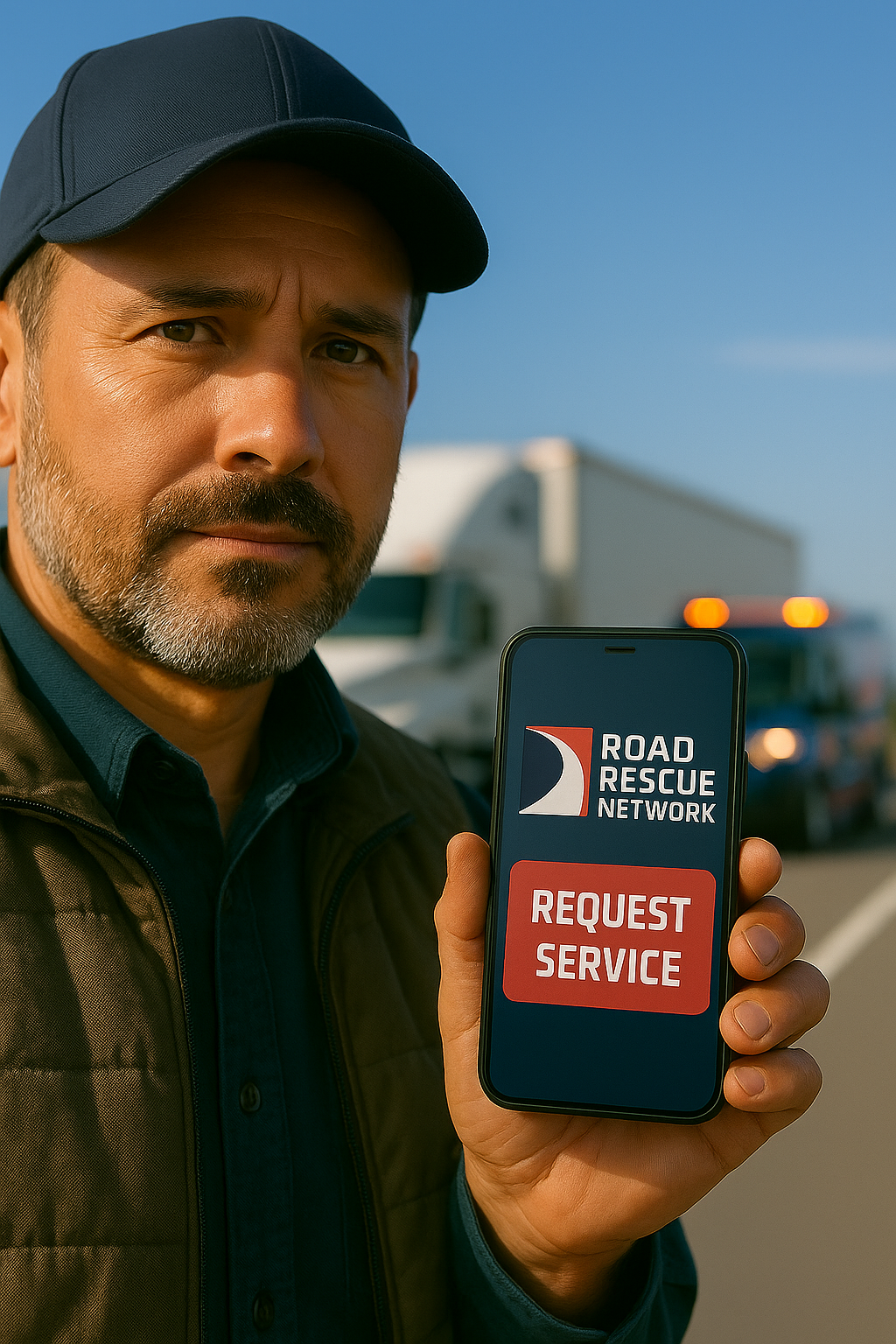A man standing by a road holds up a smartphone displaying a Road Rescue Network app with a Request Service button, while trucks are visible in the background.