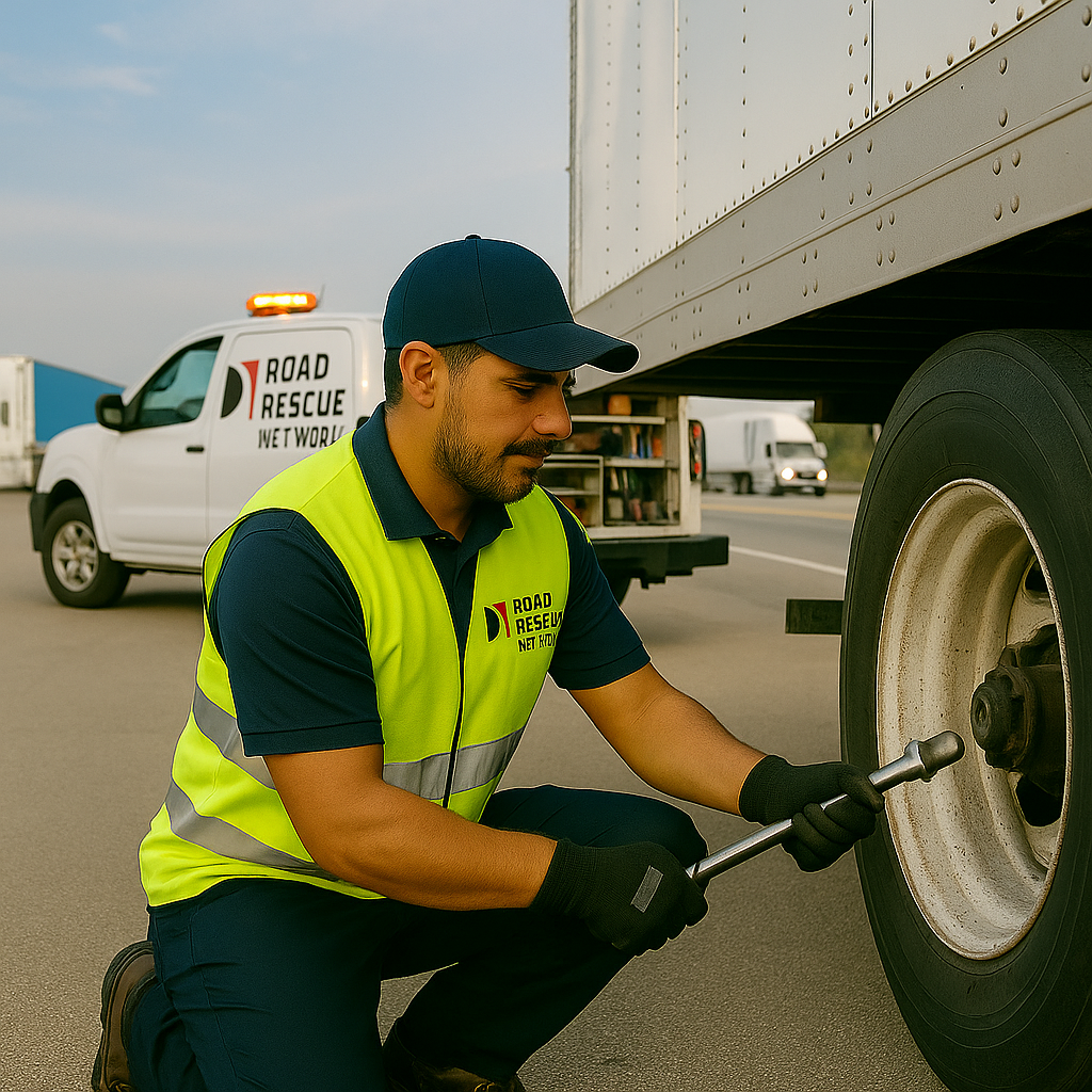 A roadside assistance worker in a reflective vest kneels while changing a truck’s tire using a wrench. A service vehicle with “Road Rescue Network” and flashing lights is parked nearby on the highway.