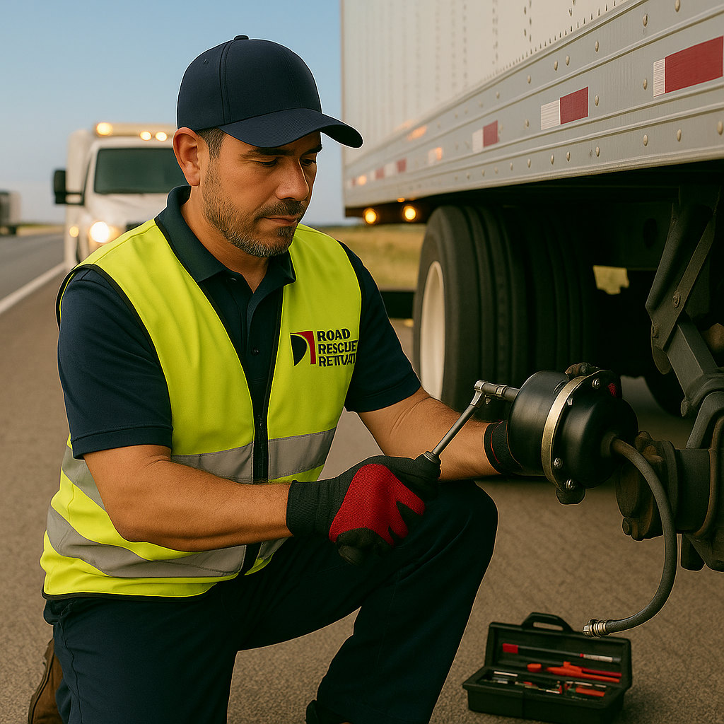 A male roadside technician in a safety vest and cap repairs a truck wheel on the highway, using tools from an open toolbox, with another vehicle and open road in the background.
