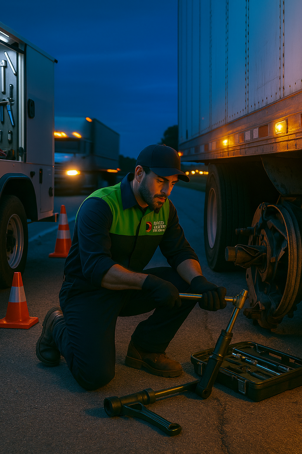 A mechanic in uniform kneels by a truck tire on the roadside at dusk, using tools to fix the vehicle. Traffic cones and a toolbox are nearby, and a passing truck is visible in the background.
