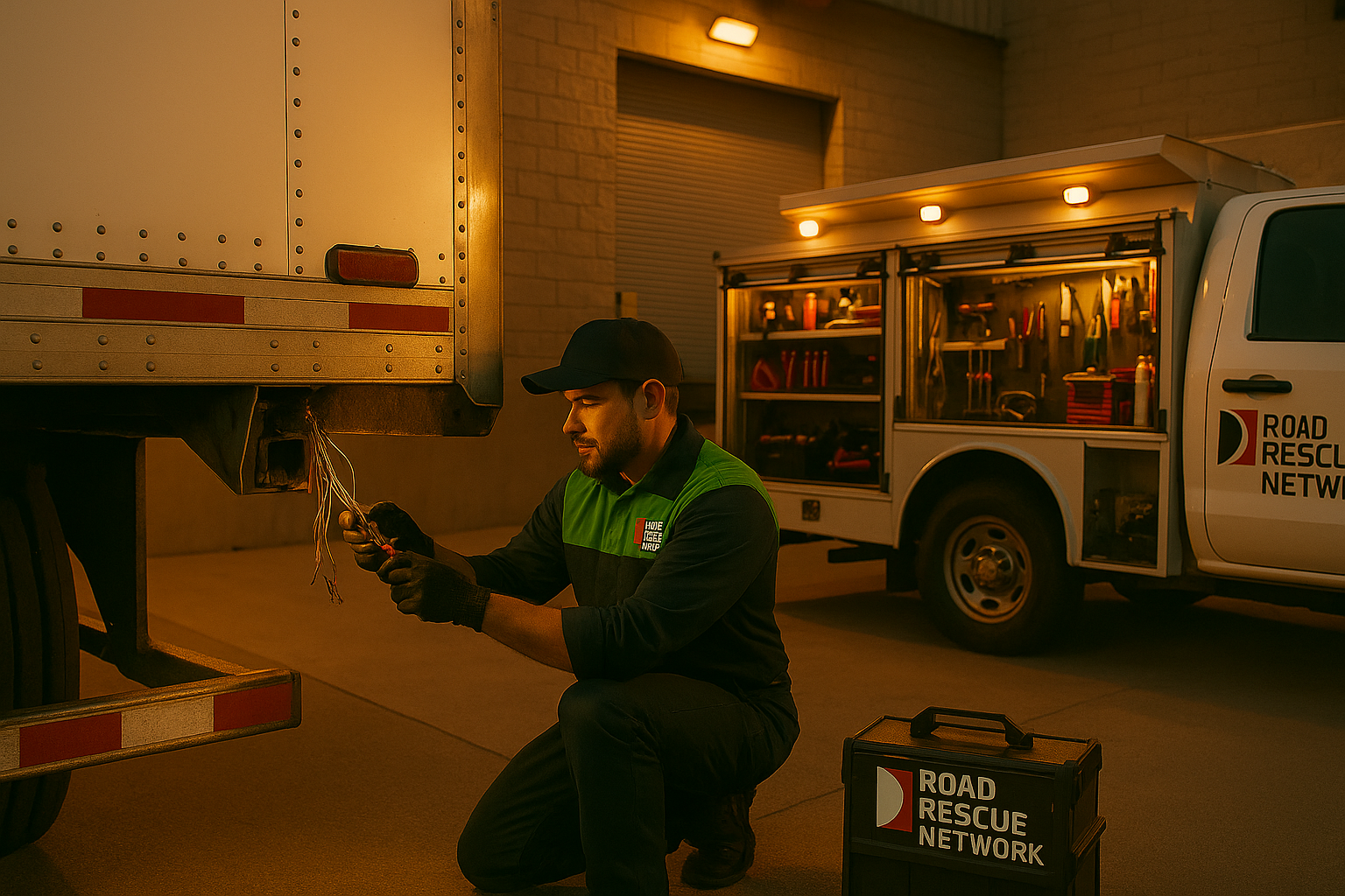 A mechanic in uniform kneels beside a truck’s trailer, working on exposed wires. Nearby, a service van with tools inside and a Road Rescue Network toolbox sits on the ground, illuminated by warm lighting.