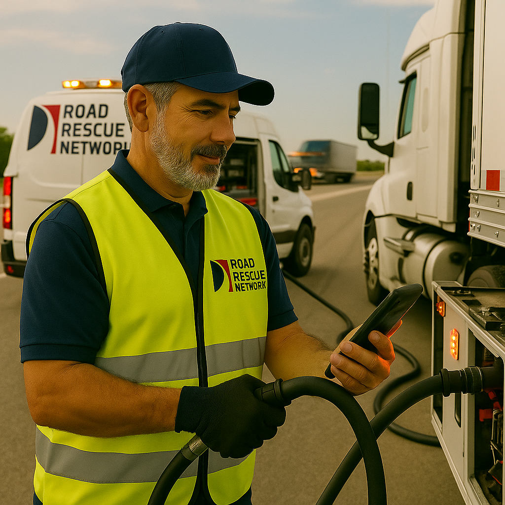 A roadside assistance worker in a high-visibility vest checks a smartphone while refueling a truck on the highway. A Road Rescue Network van is parked in the background.