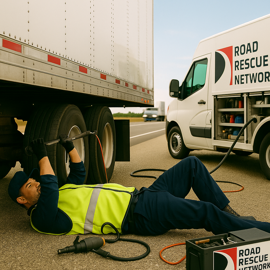 A roadside mechanic in a safety vest lies on the ground changing a truck tire, using tools near a van labeled Road Rescue Network parked beside a highway.
