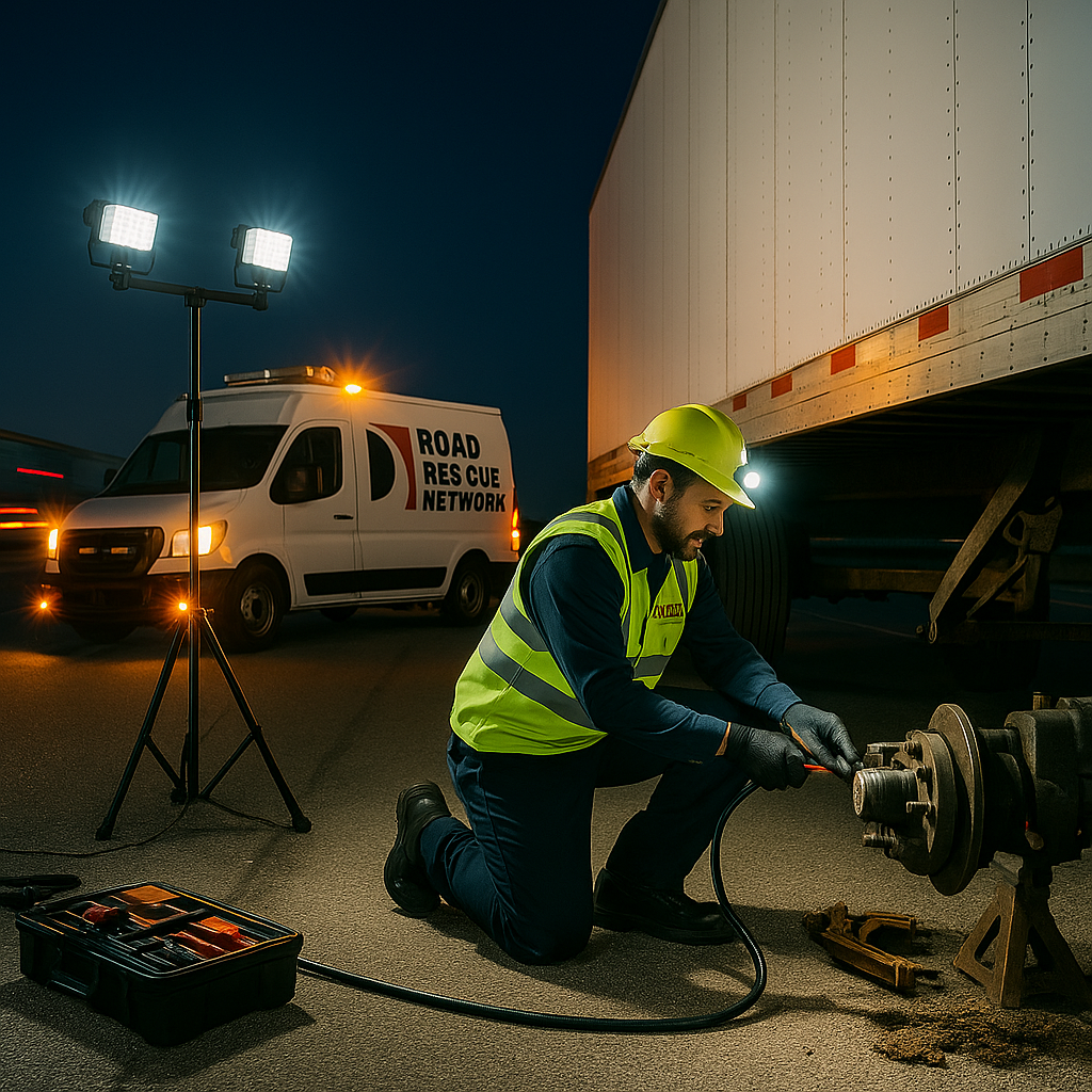 A roadside mechanic in a safety vest and helmet repairs a truck wheel at night, illuminated by portable lights. An emergency van with Road Rescue Network on the side is parked nearby.