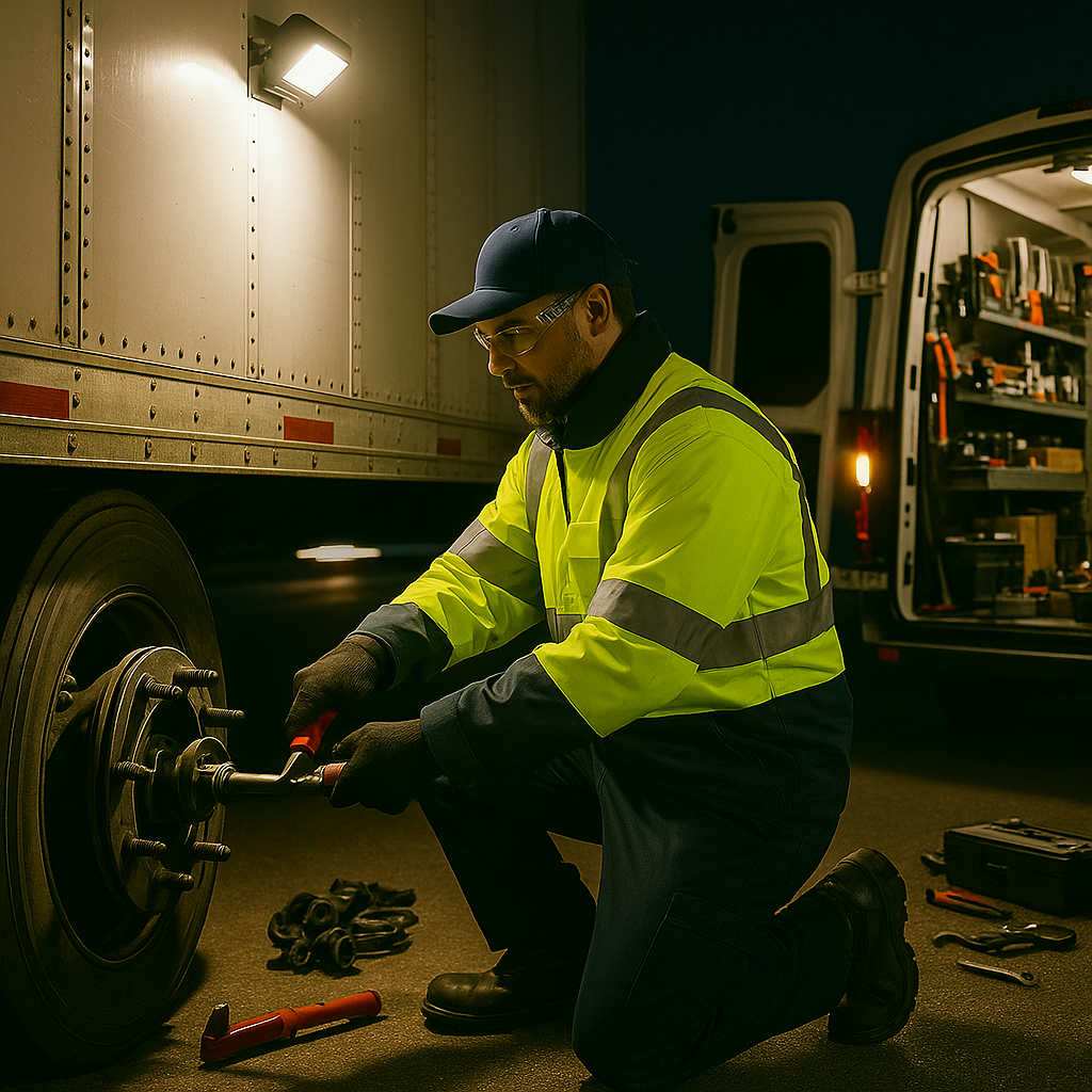 A mechanic in a high-visibility jacket and cap kneels by a truck wheel at night, using a wrench to make repairs. Tools are scattered on the ground and a van with an open, organized tool area is in the background.