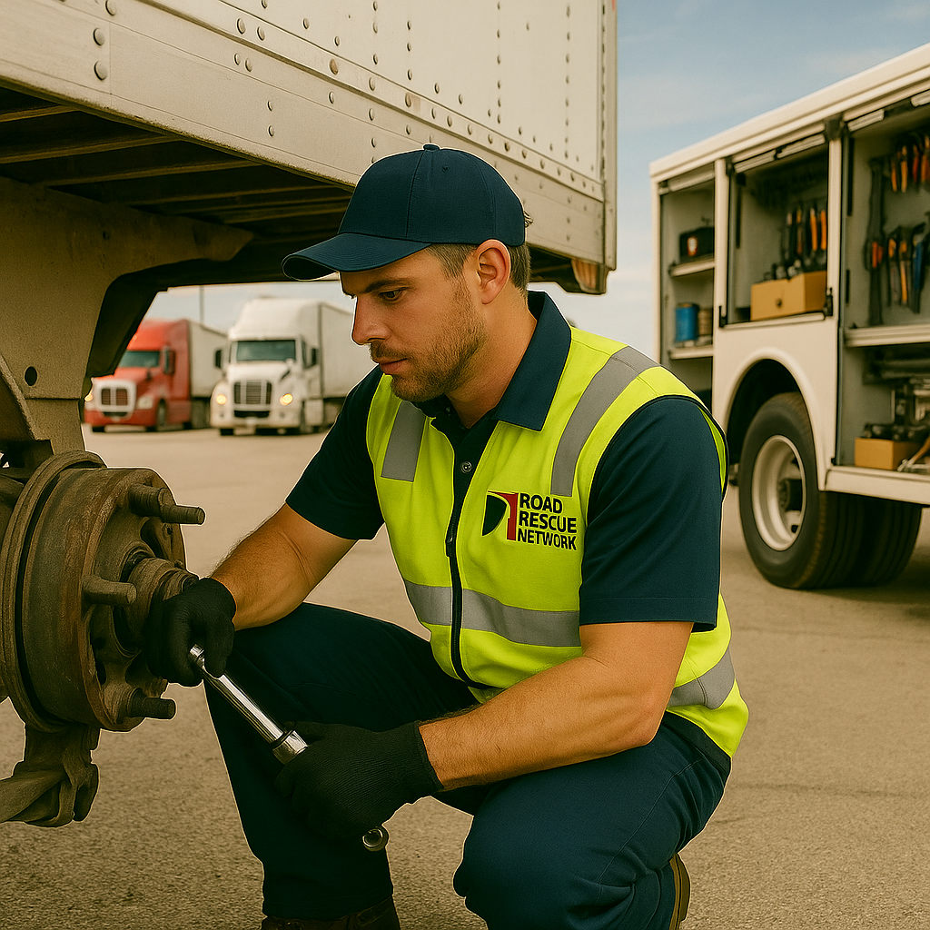 A mechanic in a safety vest and cap repairs the wheel of a large truck. He uses a wrench, and a service van with tools is open behind him. Several trucks are parked in the background at a lot.