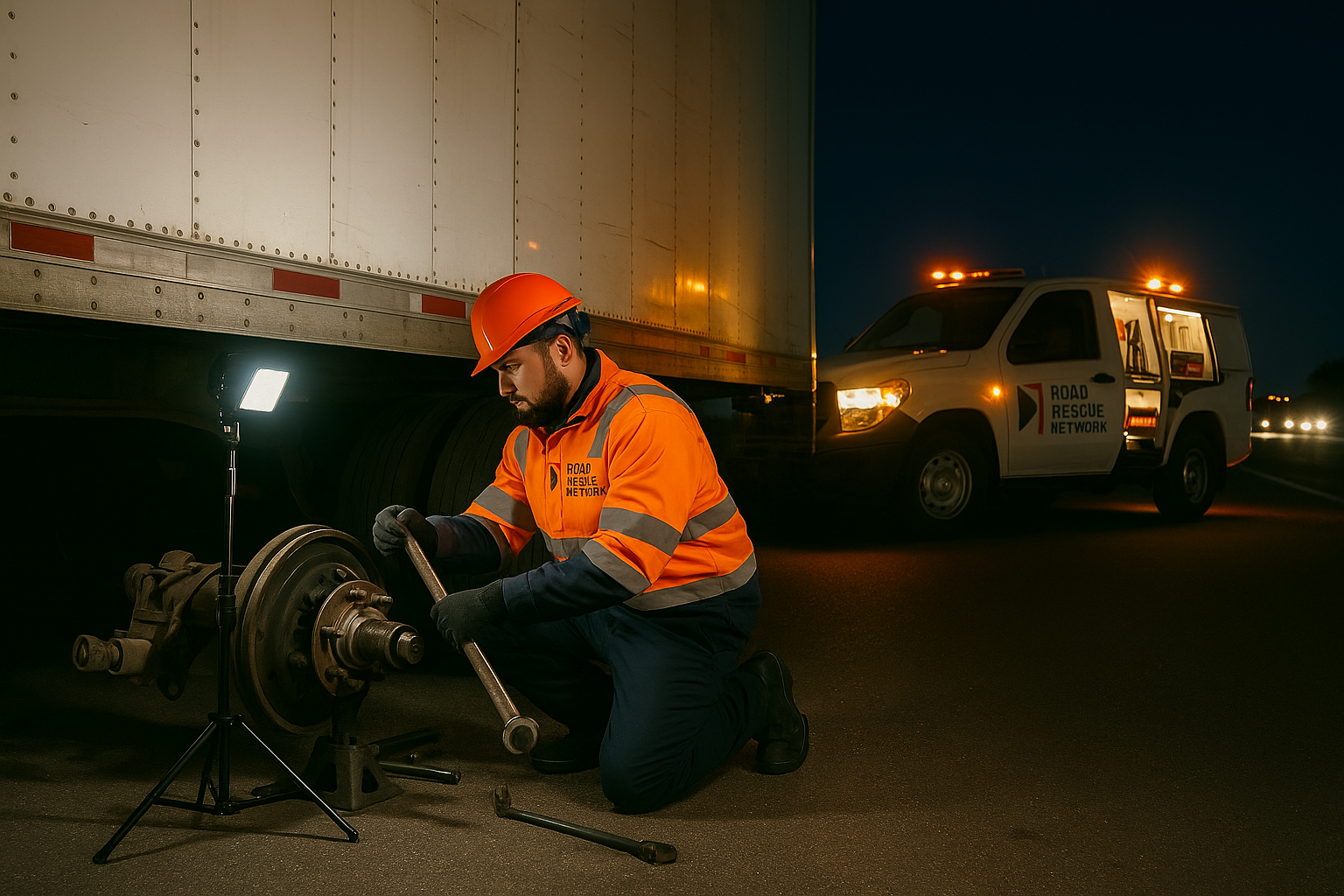 A worker in a high-visibility jacket and helmet repairs a truck wheel at night, using tools under a bright work light. A “Road Rescue Network” service vehicle with lights on is parked nearby.