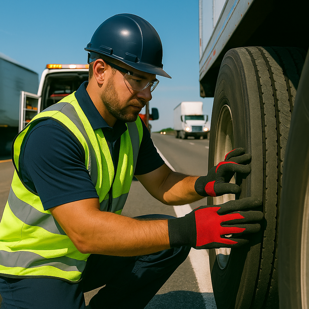 A worker in a reflective vest, helmet, and gloves inspects or changes a truck tire on the side of a highway, with other vehicles visible in the background.