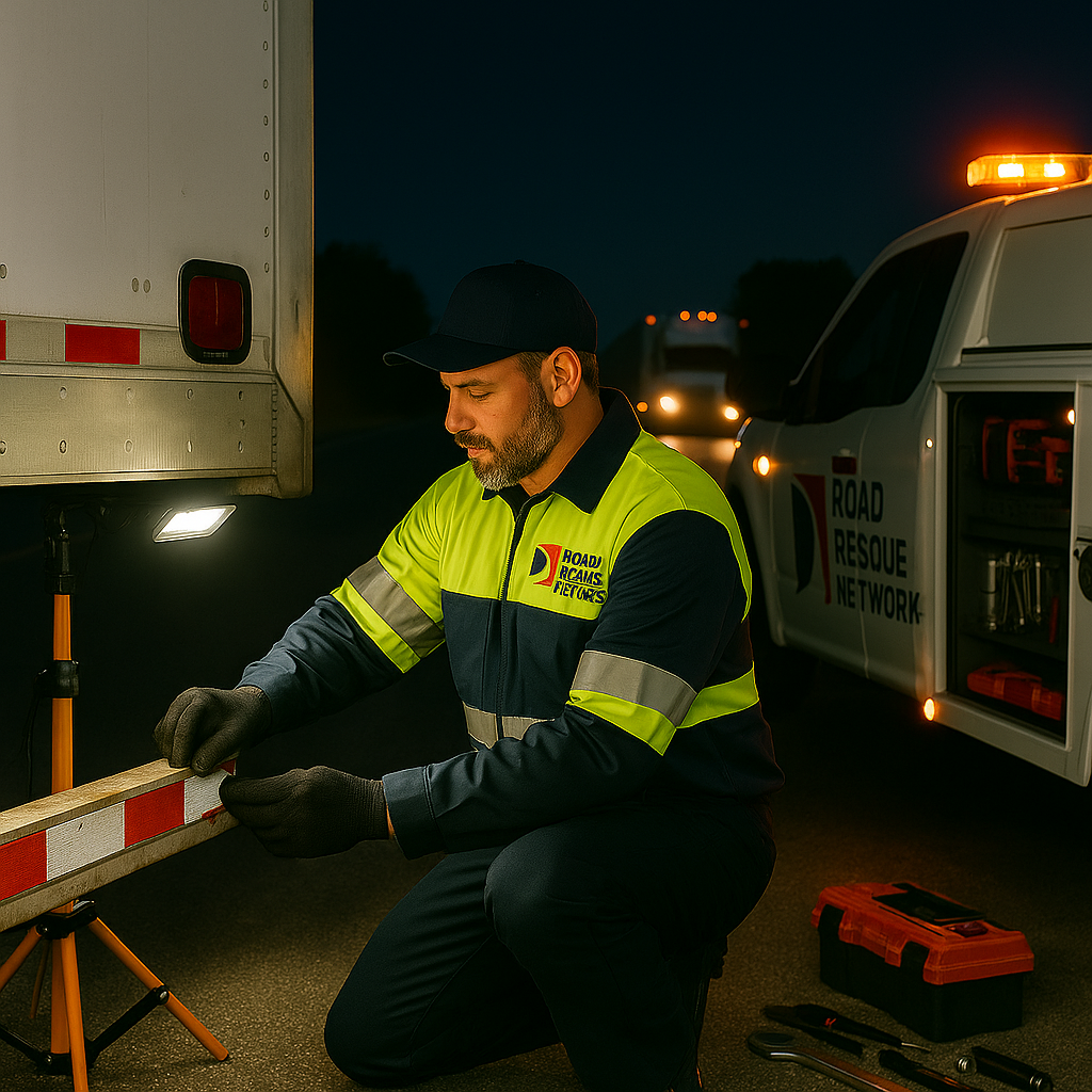 A roadside assistance worker in uniform kneels beside a truck at night, attaching reflective safety tape to the vehicle. Tools are laid out nearby, and a rescue van with flashing lights is parked behind him.