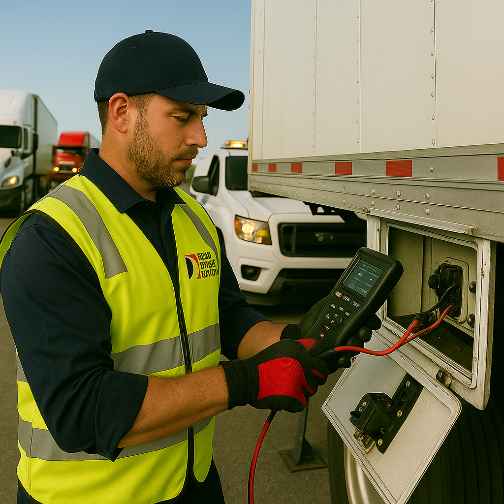 A man in a safety vest and cap uses a diagnostic tool to inspect the electrical system of a semi-trailer at a truck stop, with several trucks and a pickup visible in the background.