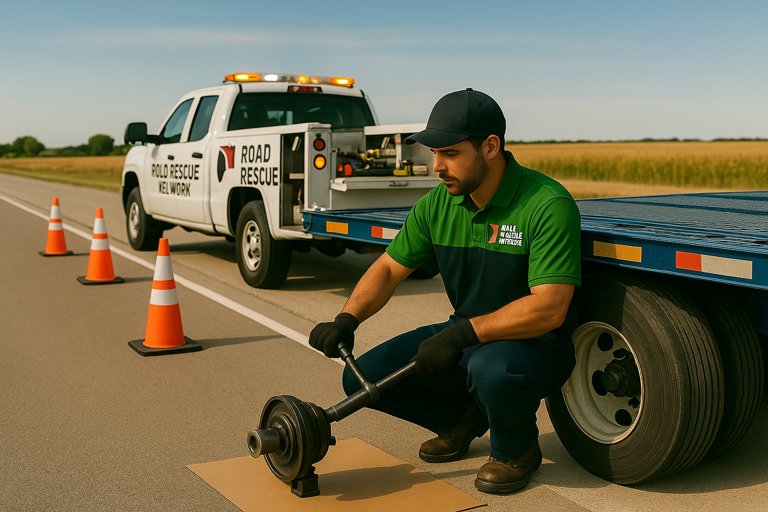 A roadside assistance worker kneels by a flatbed truck, holding a car axle with cones set up nearby and a Road Rescue vehicle parked along a rural road.