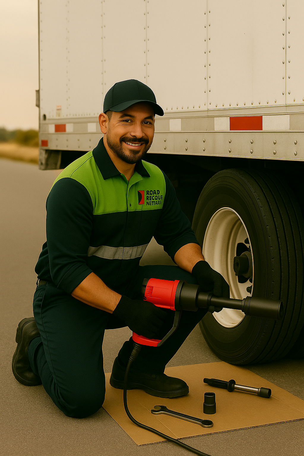 A smiling roadside assistance worker kneels beside a truck, holding a power tool, ready to work on a tire. Various tools are placed on a cardboard sheet next to him on the road.