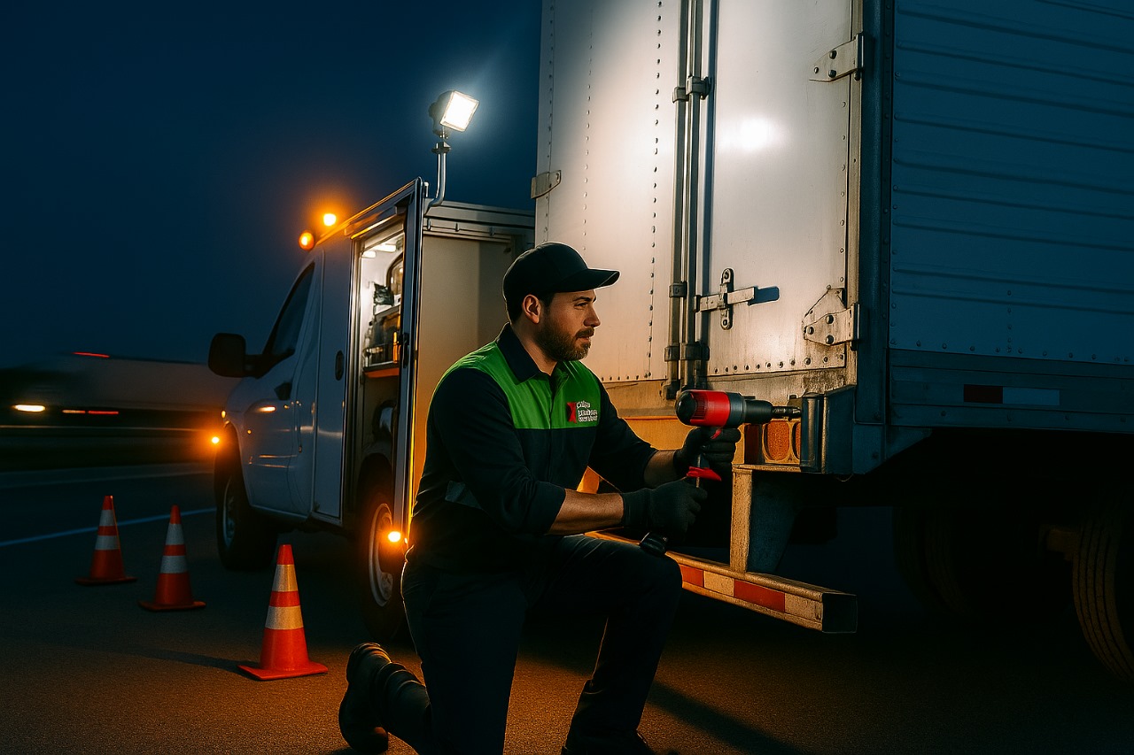 A mechanic in uniform kneels beside a truck at night, using a power tool to work on the trucks rear door. An open service van, orange cones, and a work light are visible, illuminating the roadside scene.