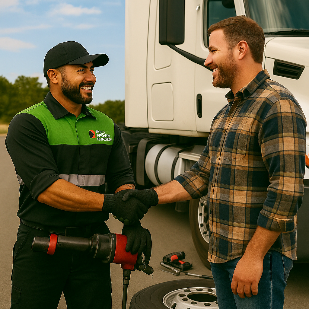 A mechanic in uniform shakes hands with a smiling man in plaid beside a white truck with a removed tire, suggesting successful roadside assistance or tire repair.