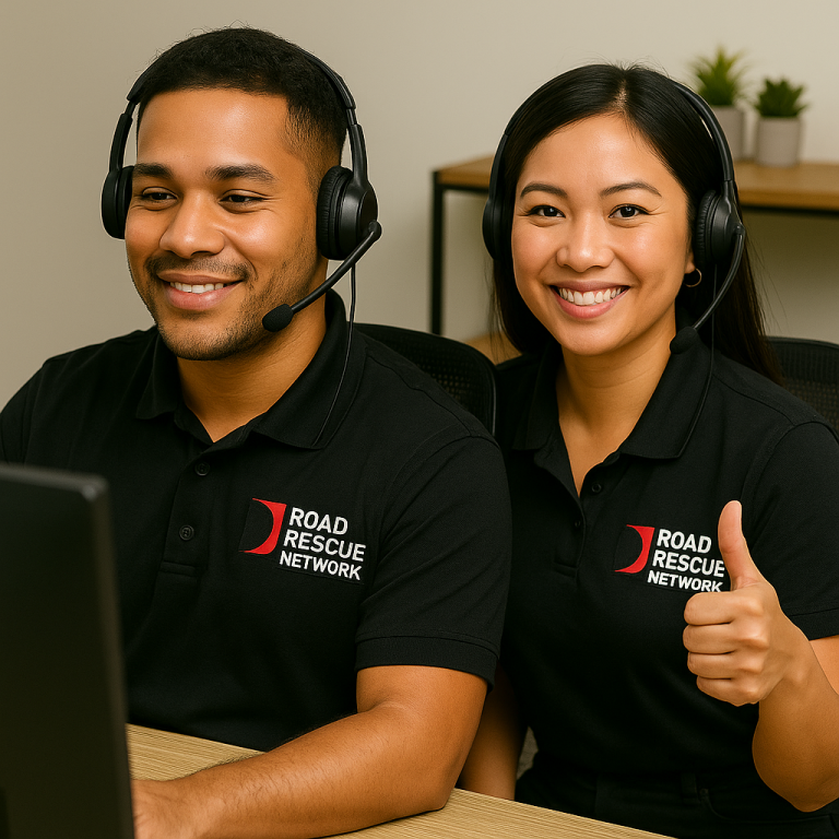 Two customer service agents wearing headsets and black Road Rescue Network shirts sit at a desk, smiling at a computer screen. The woman gives a thumbs up. There are small plants in the background.
